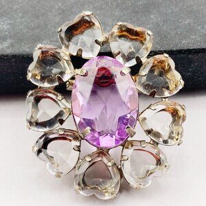 Vintage clear and light purple heart oval-shaped brooch c. 1950s rhinestone pin